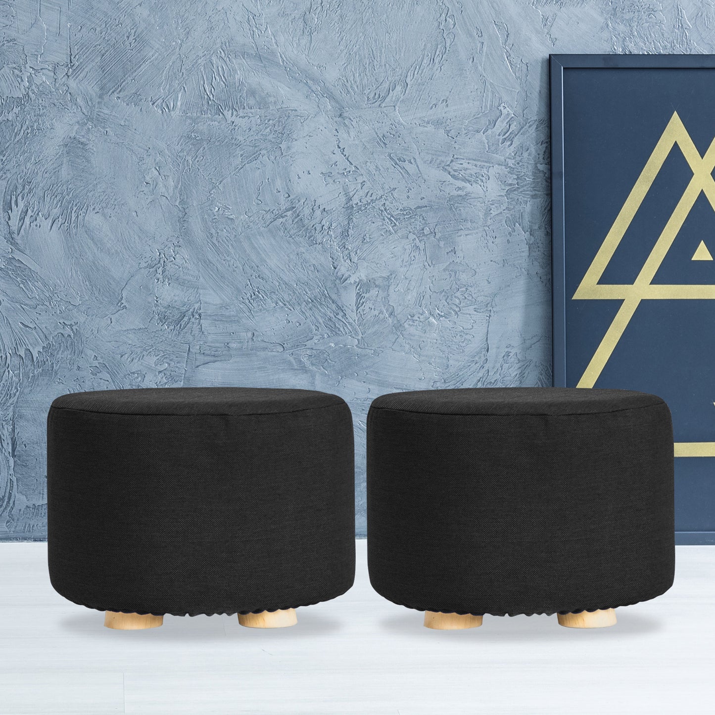 La Bella 2-Set Ottoman Round Foot Stool with Wooden Legs & Faux Linen Fabric - Black