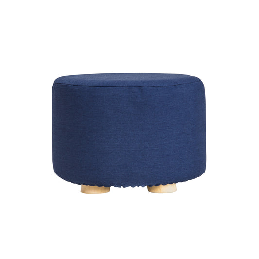 La Bella Round Ottoman Foot Stool with Solid Wooden Leg & Faux Linen Fabric - Dark Blue