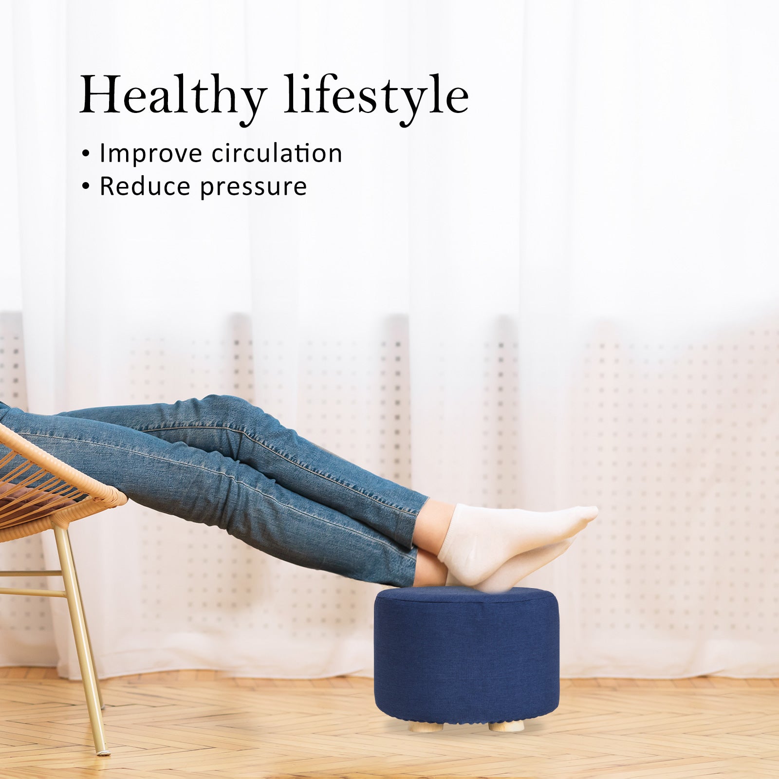 La Bella Round Ottoman Foot Stool with Solid Wooden Leg & Faux Linen Fabric - Dark Blue - SuperSaverAU - view 3