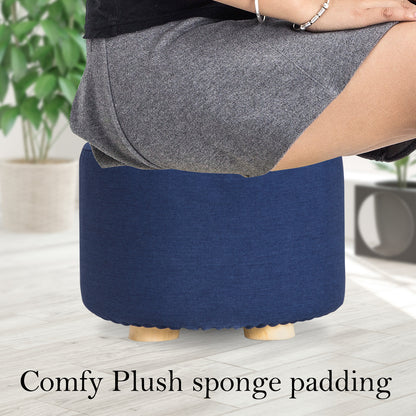 La Bella Round Ottoman Foot Stool with Solid Wooden Leg & Faux Linen Fabric - Dark Blue