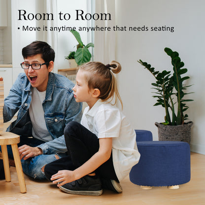 La Bella Round Ottoman Foot Stool with Solid Wooden Leg & Faux Linen Fabric - Dark Blue