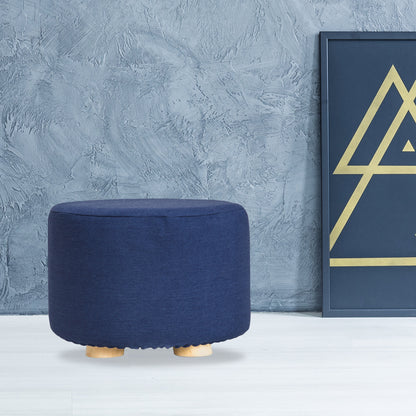 La Bella Round Ottoman Foot Stool with Solid Wooden Leg & Faux Linen Fabric - Dark Blue