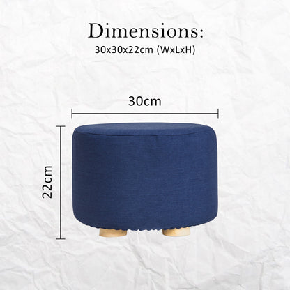 La Bella Round Ottoman Foot Stool with Solid Wooden Leg & Faux Linen Fabric - Dark Blue