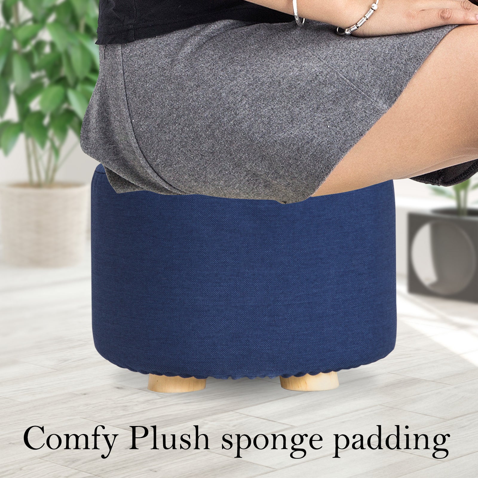 La Bella 2X Ottoman Round Foot Stool with Solid Wooden Leg - Dark Blue - SuperSaverAU - view 5
