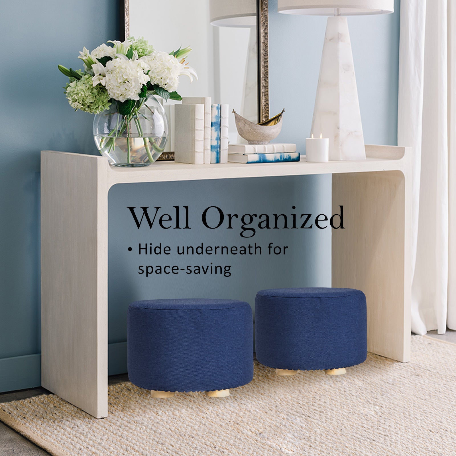 La Bella 2X Ottoman Round Foot Stool with Solid Wooden Leg - Dark Blue - SuperSaverAU - view 7