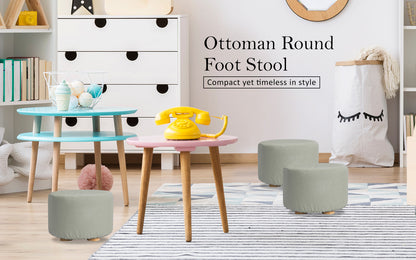 La Bella Ottoman Round Stool with Solid Wooden Leg & Faux Linen Fabric - Grey