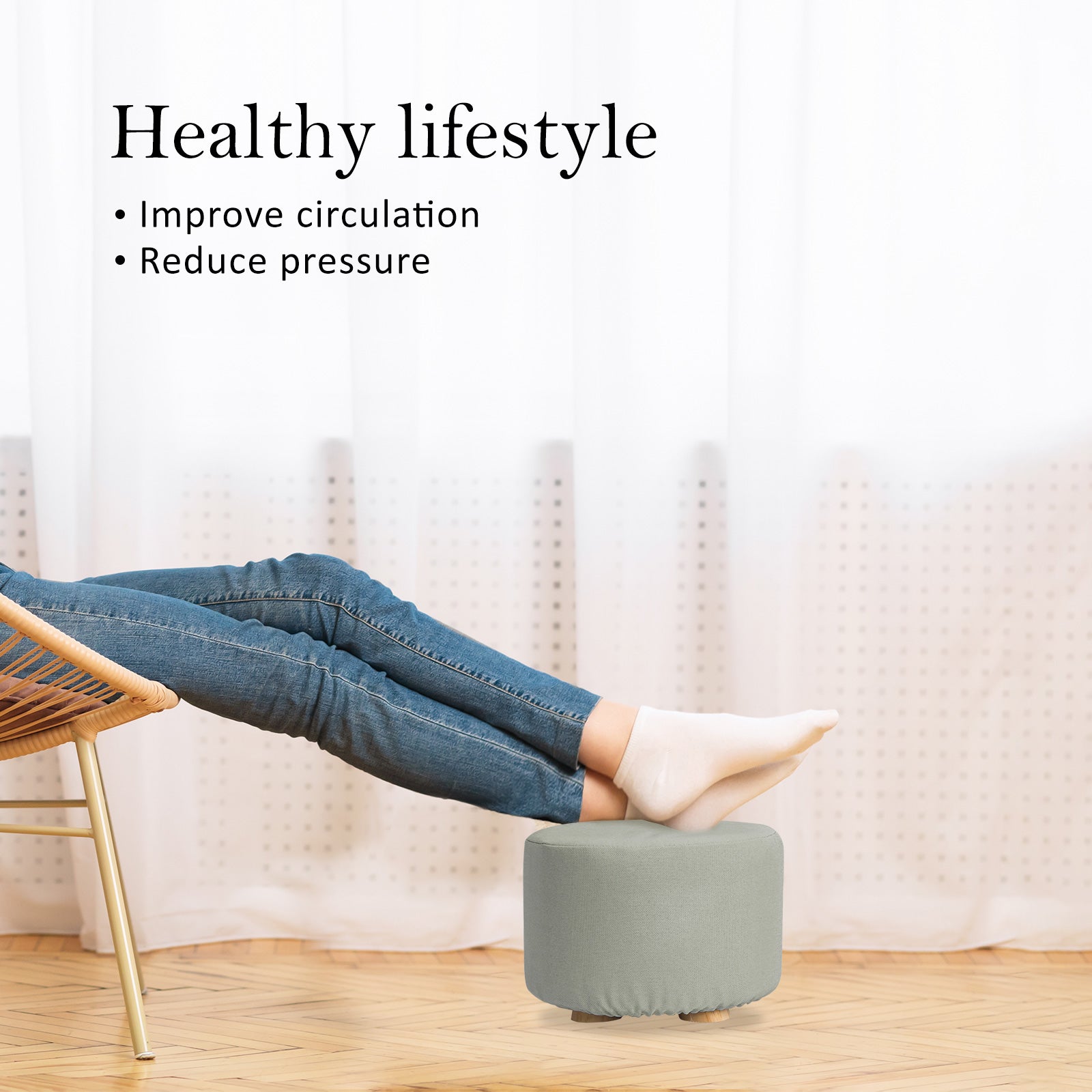 La Bella Ottoman Round Stool with Solid Wooden Leg & Faux Linen Fabric - Grey - SuperSaverAU - view 3
