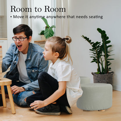 La Bella Ottoman Round Stool with Solid Wooden Leg & Faux Linen Fabric - Grey