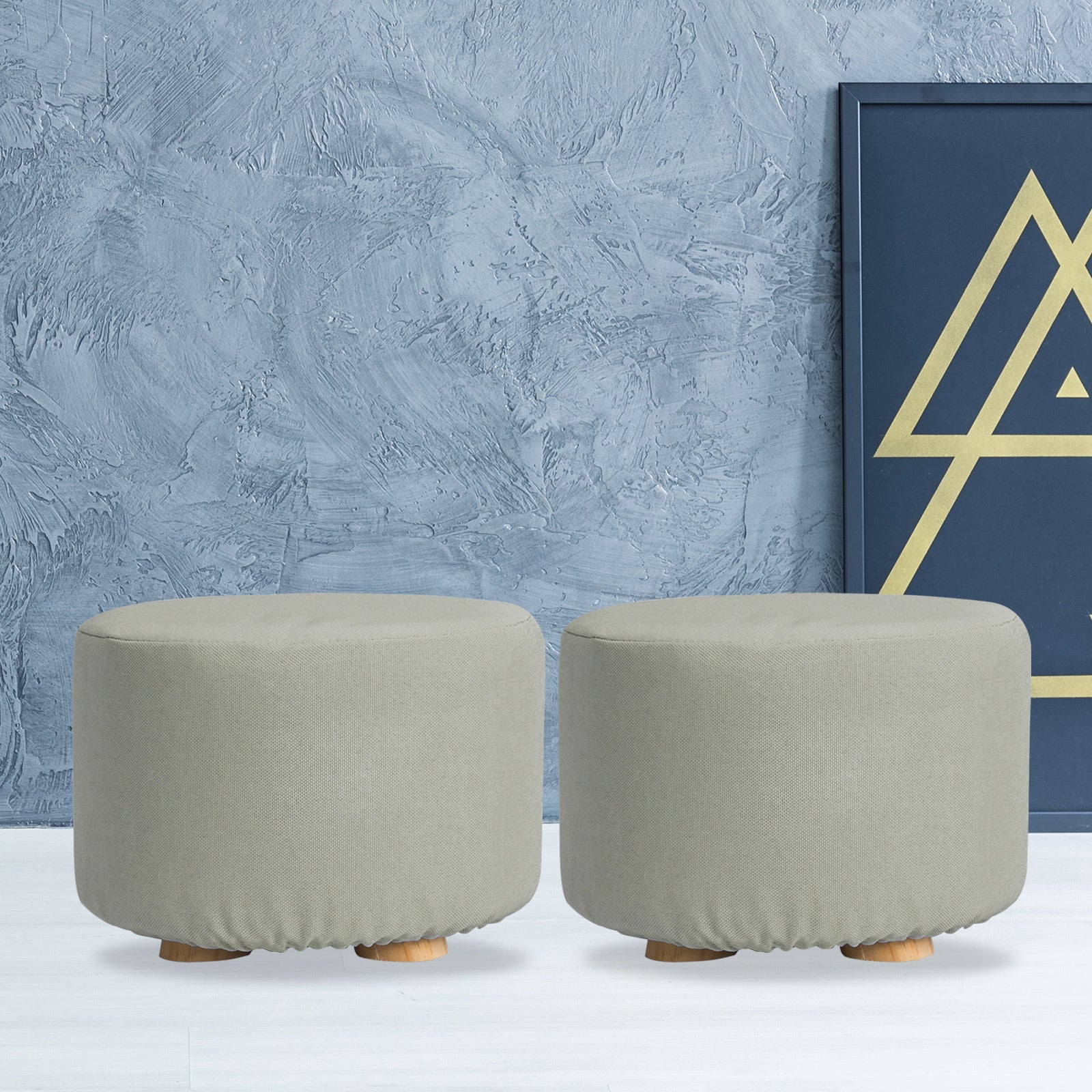La Bella 2-Pack Ottoman Round Stool with Wooden Legs & Faux Linen Fabric - Grey - SuperSaverAU - view 11