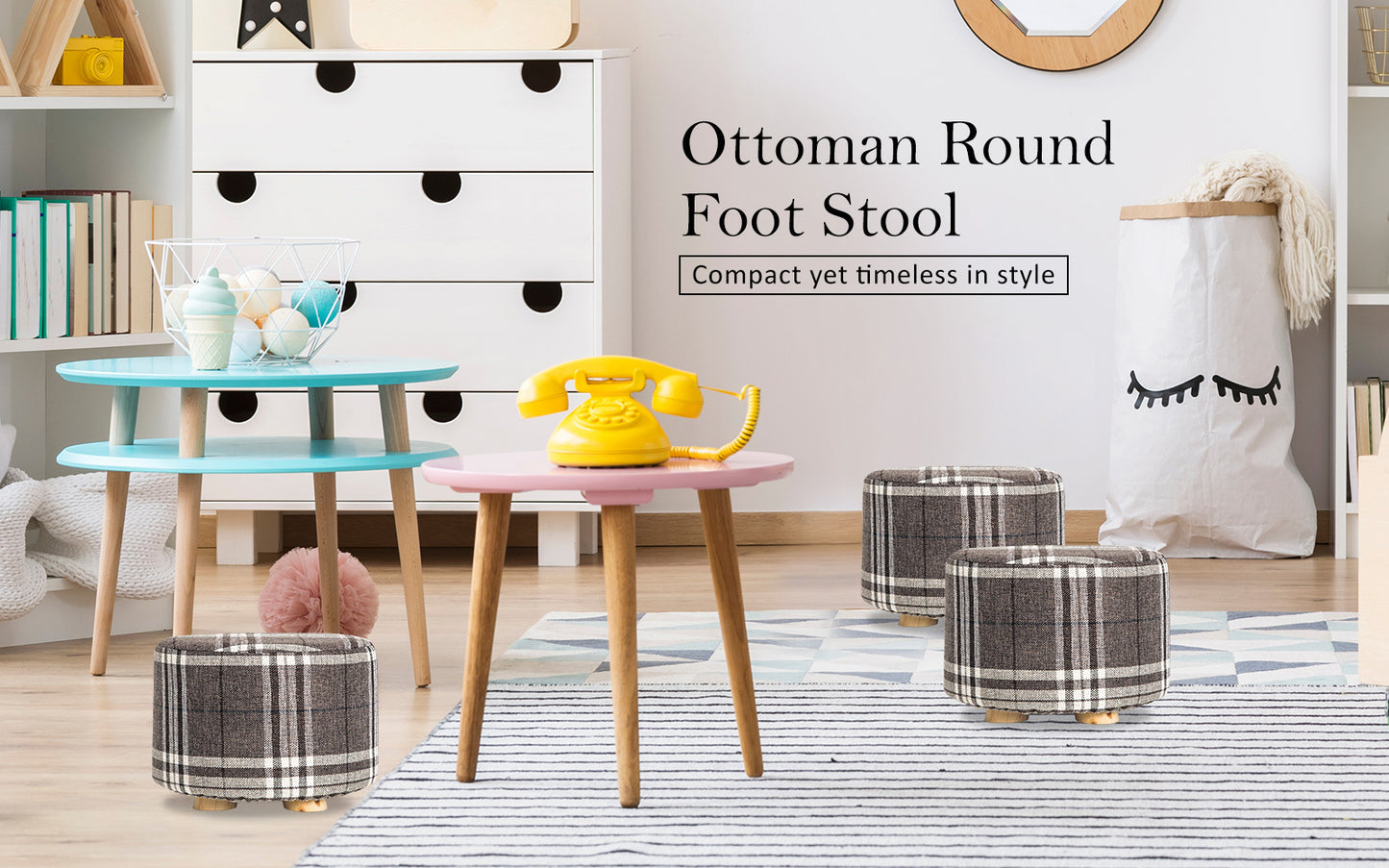 La Bella Fabric Ottoman Round Foot Stool with Wooden Legs - Lattice