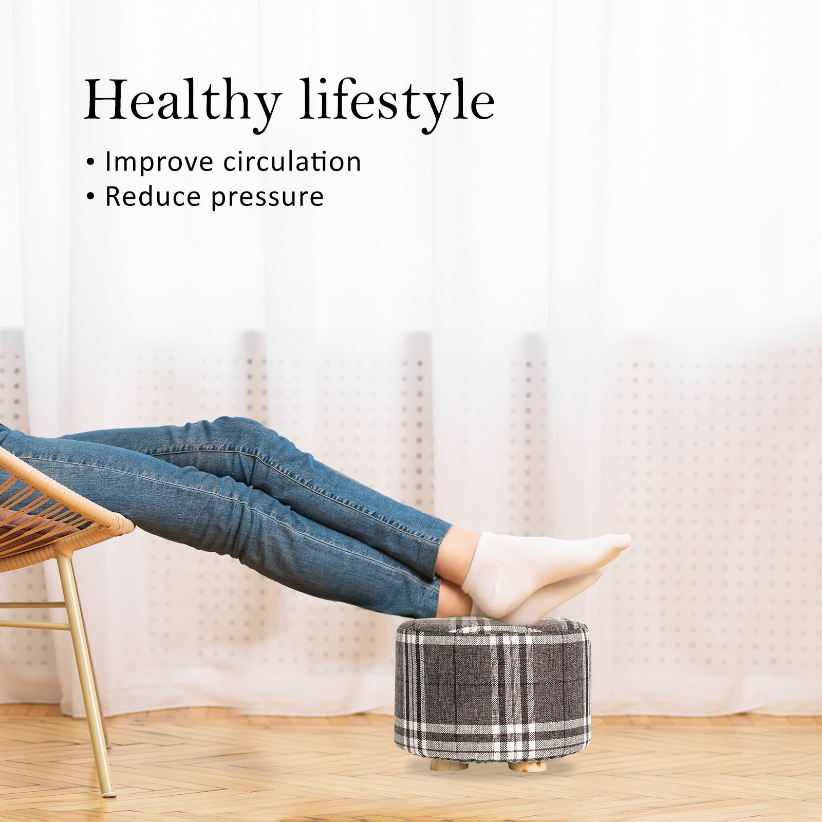 La Bella Fabric Ottoman Round Foot Stool with Wooden Legs - Lattice - SuperSaverAU - view 3