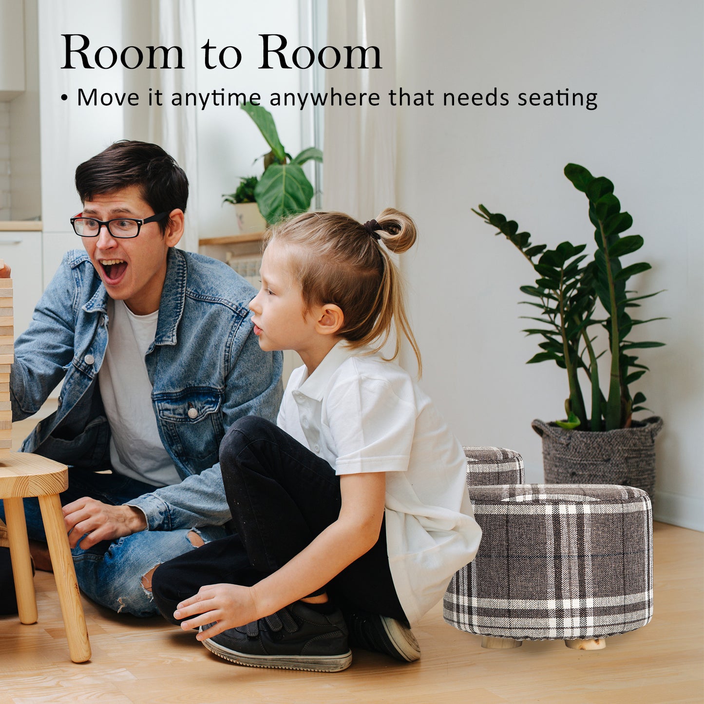 La Bella Fabric Ottoman Round Foot Stool with Wooden Legs - Lattice