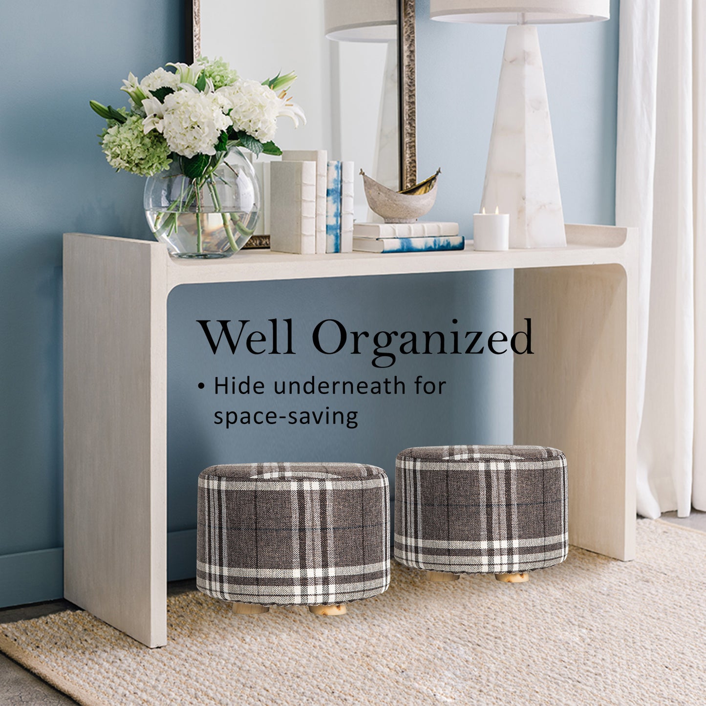 La Bella 2-Set Ottoman Round Foot Stool with Faux Linen Fabric Cover - Lattice