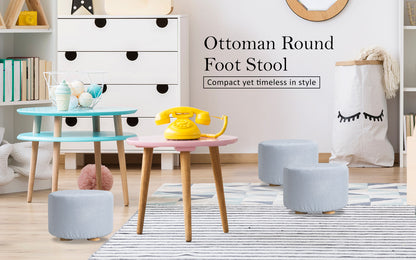 La Bella Round Ottoman Foot Stool with Solid Wooden Legs & Fabric Cover - Light Blue