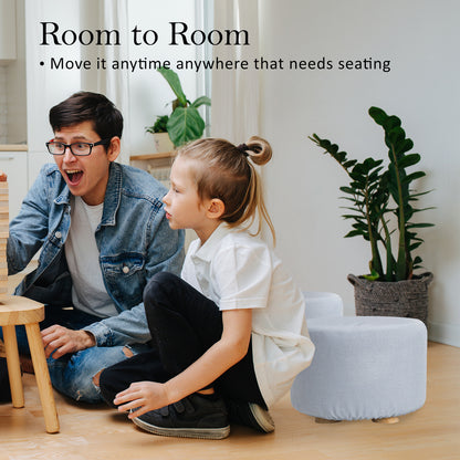 La Bella Round Ottoman Foot Stool with Solid Wooden Legs & Fabric Cover - Light Blue