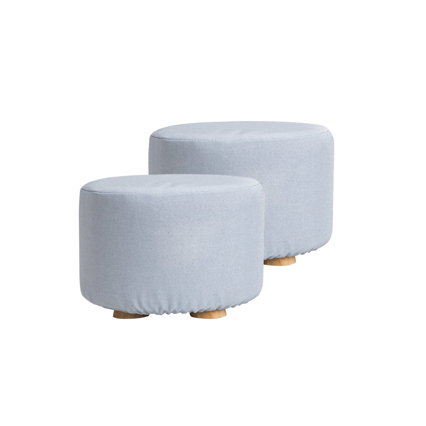 La Bella 2X Ottoman Round Foot Stool with Wooden Leg, Faux Linen Fabric - Light Blue