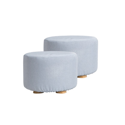 La Bella 2X Ottoman Round Foot Stool with Wooden Leg, Faux Linen Fabric - Light Blue
