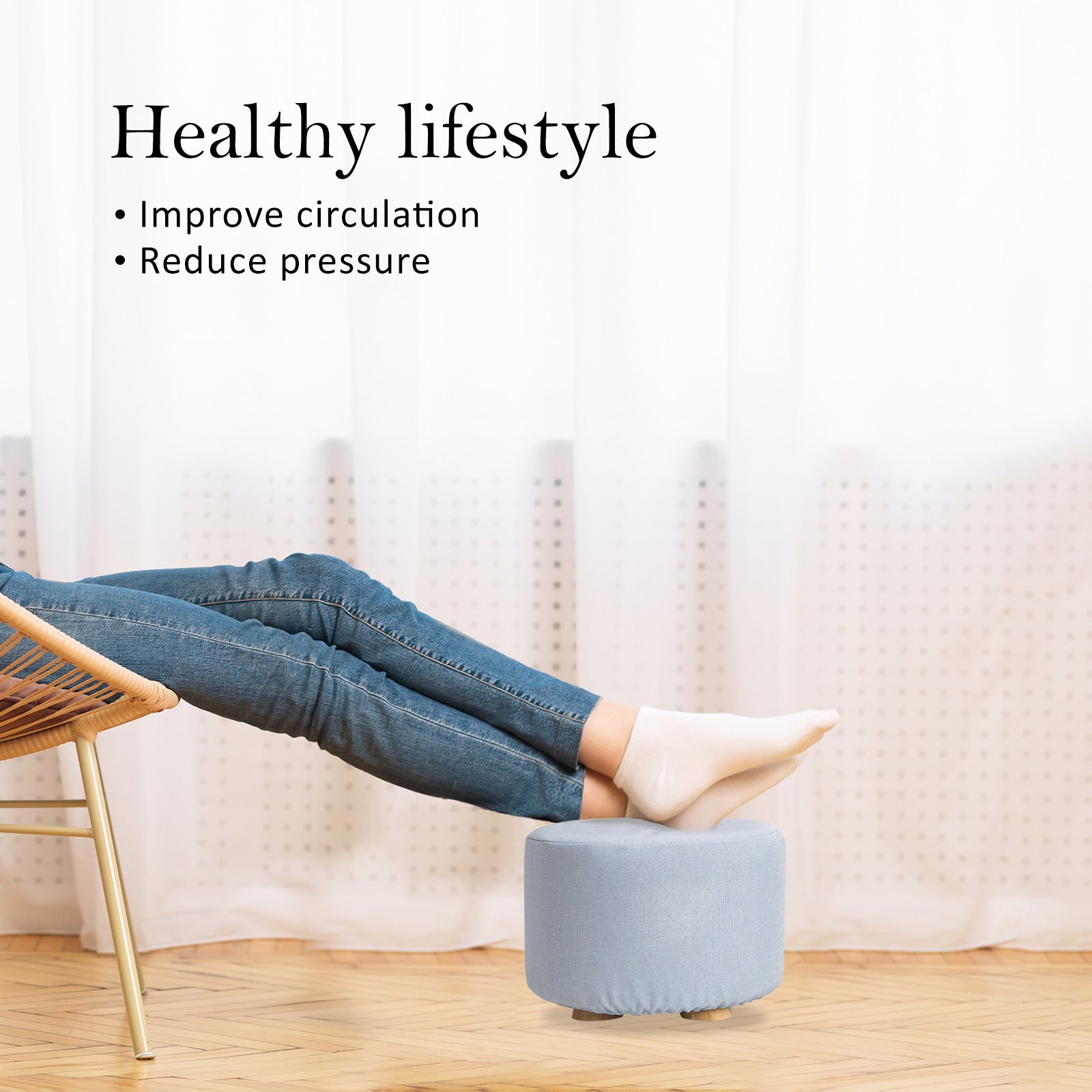 La Bella 2X Ottoman Round Foot Stool with Wooden Leg, Faux Linen Fabric - Light Blue - SuperSaverAU - view 3