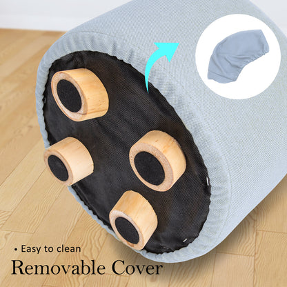 La Bella 2X Ottoman Round Foot Stool with Wooden Leg, Faux Linen Fabric - Light Blue