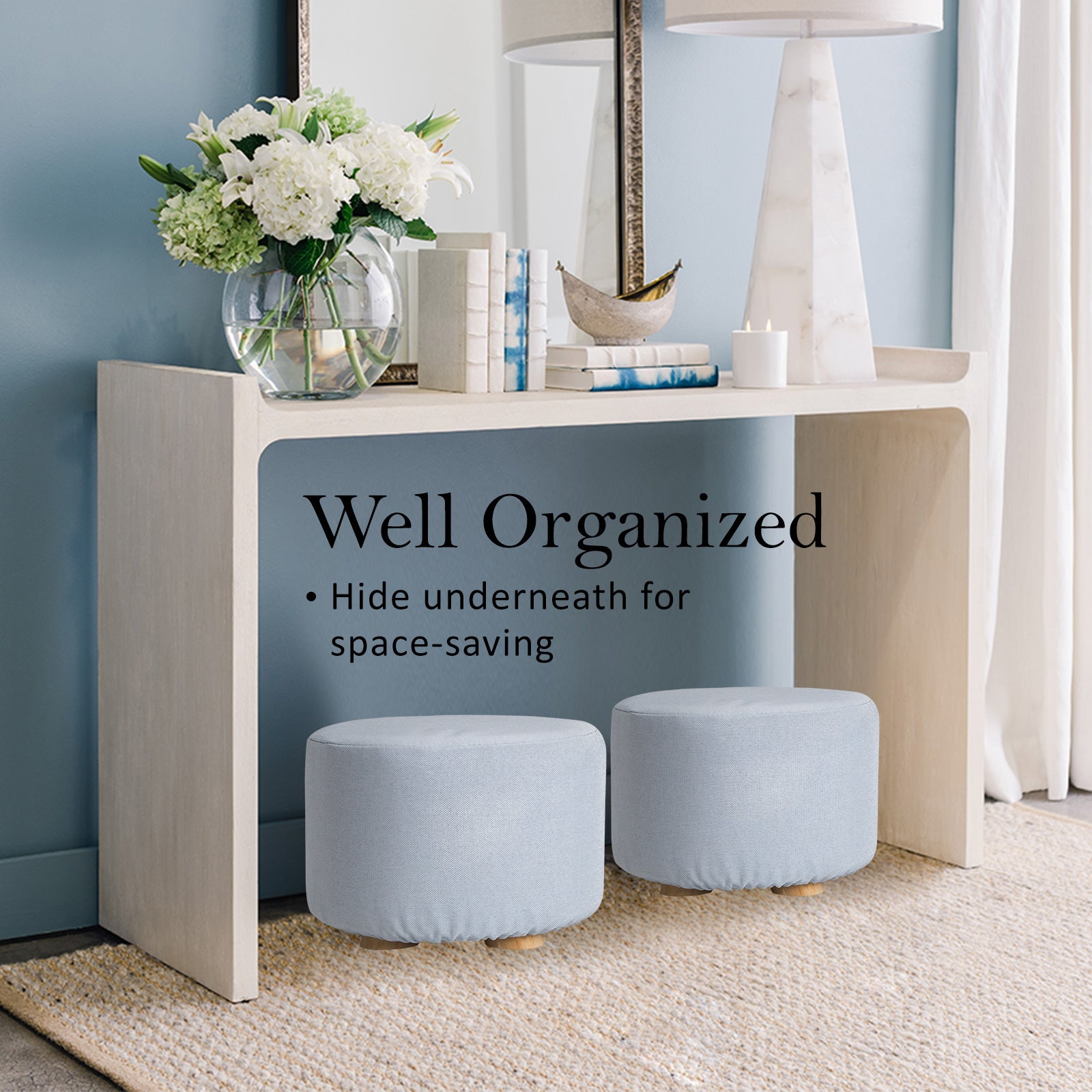 La Bella 2X Ottoman Round Foot Stool with Wooden Leg, Faux Linen Fabric - Light Blue - SuperSaverAU - view 7
