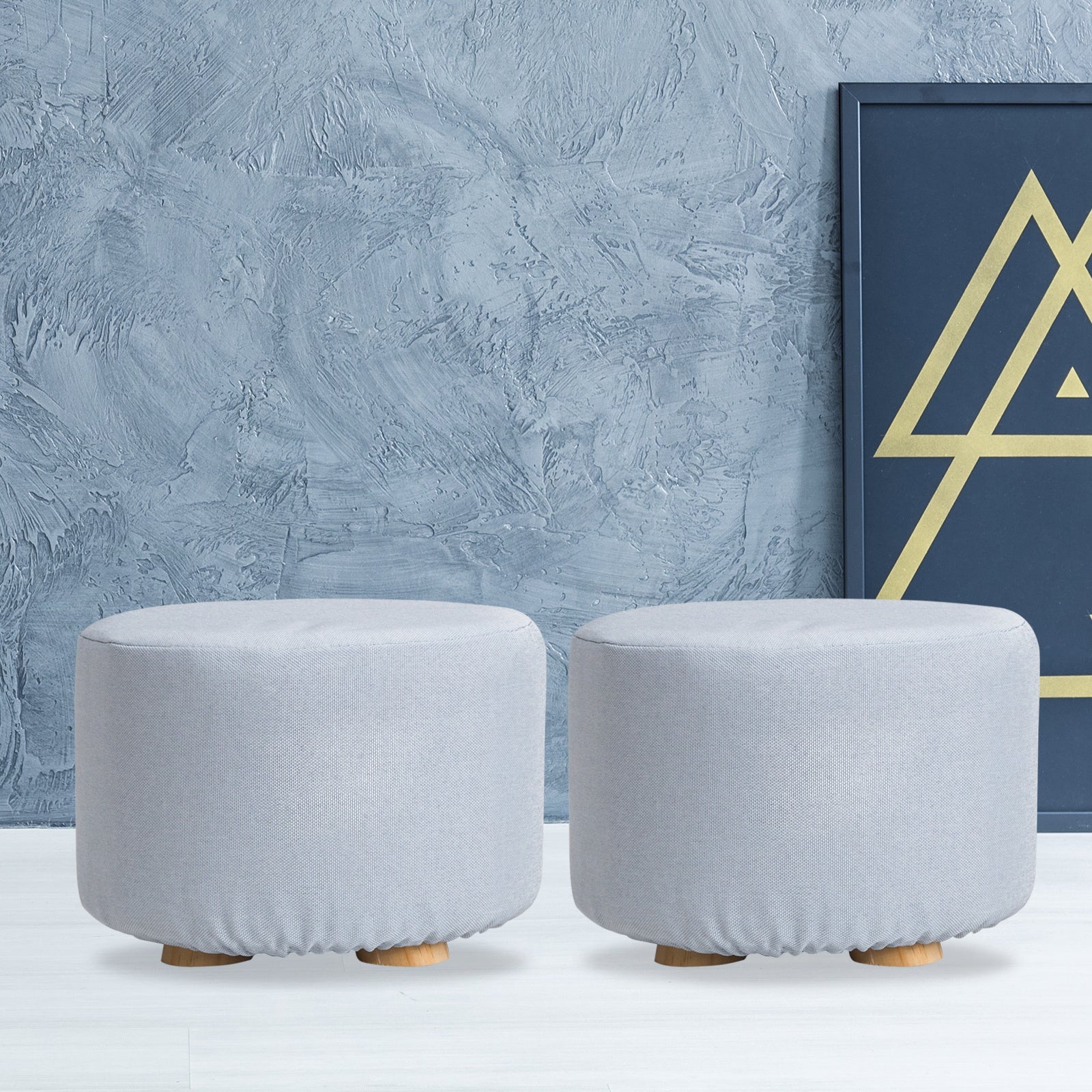 La Bella 2X Ottoman Round Foot Stool with Wooden Leg, Faux Linen Fabric - Light Blue - SuperSaverAU - view 11
