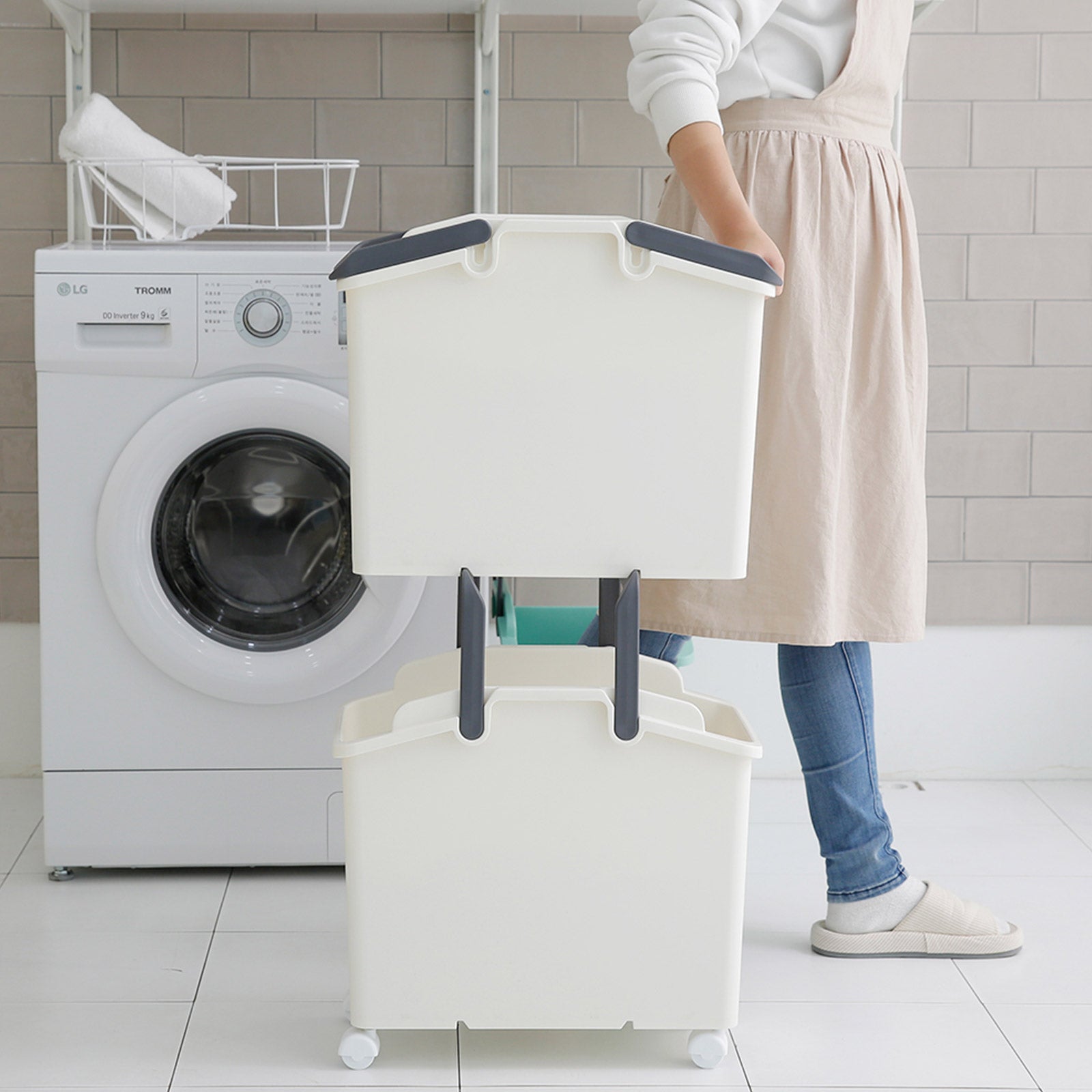 Nplastic 2 Set Stackable Multipurpose Laundry Basket with Handles - Ivory - SuperSaverAU - view 5