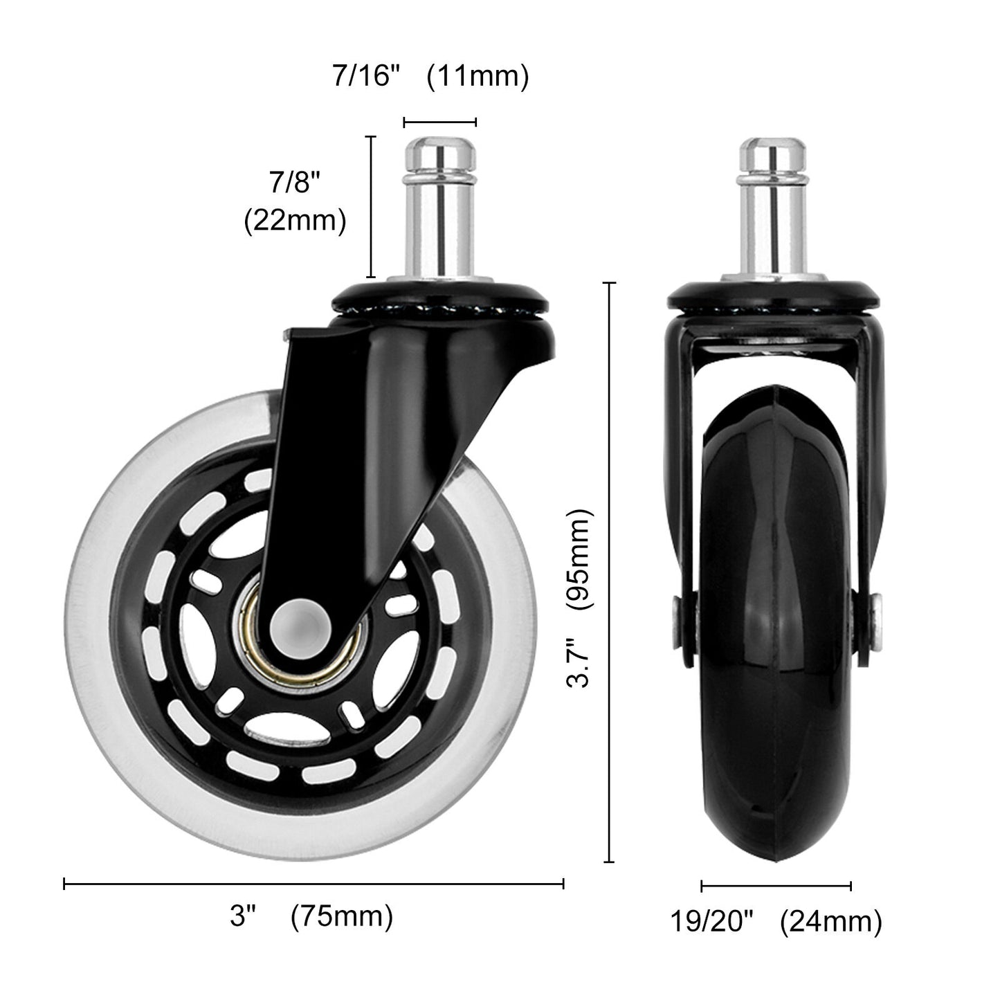 La Bella 5X 3 Inch Rollerblade Office Chair Casters - 11x22mm Stem