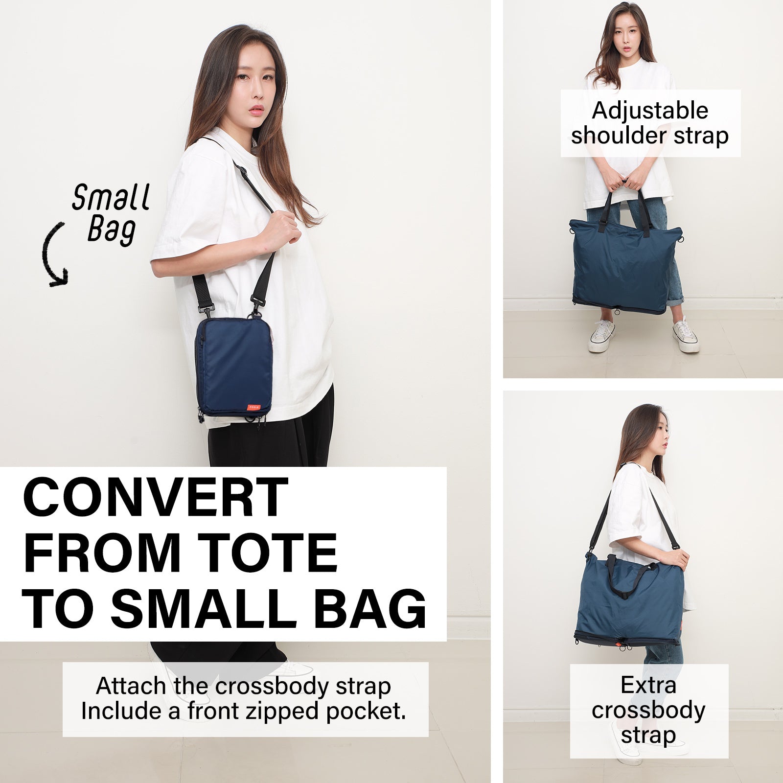 Shopper Bag Tote Bag Foldable Travel Laptop Grocery Nylon KO-DUAL NAVY - SuperSaverAU - view 4