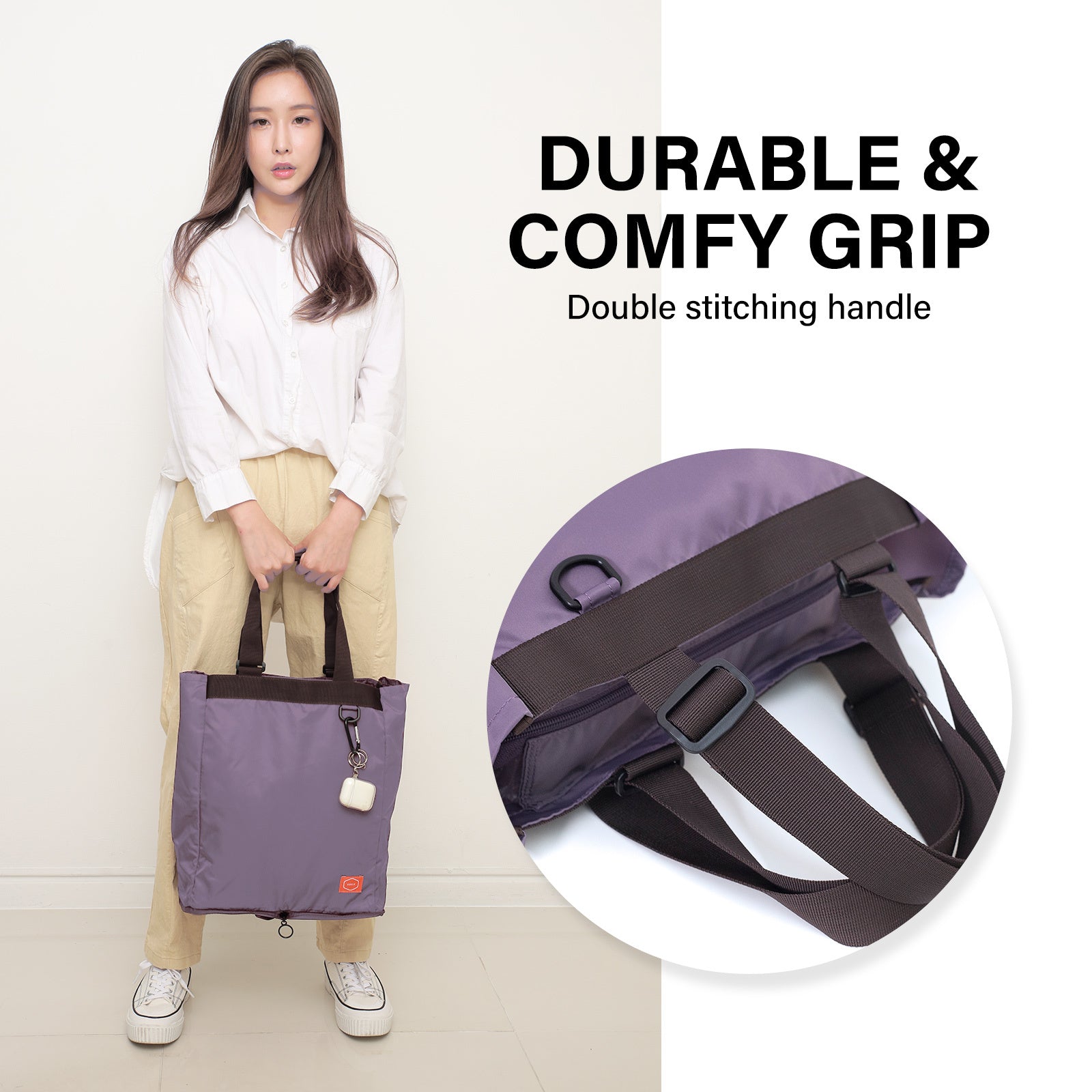 Shopper Bag Tote Bag Foldable Travel Laptop Grocery Nylon KO-SHOULDER PURPLE - SuperSaverAU - view 6
