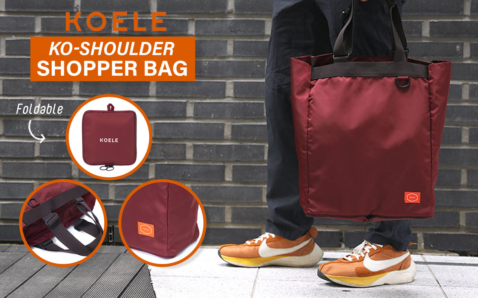 Shopper Bag Tote Bag Foldable Travel Laptop Grocery Nylon KO-SHOULDER WINE - SuperSaverAU - view 2