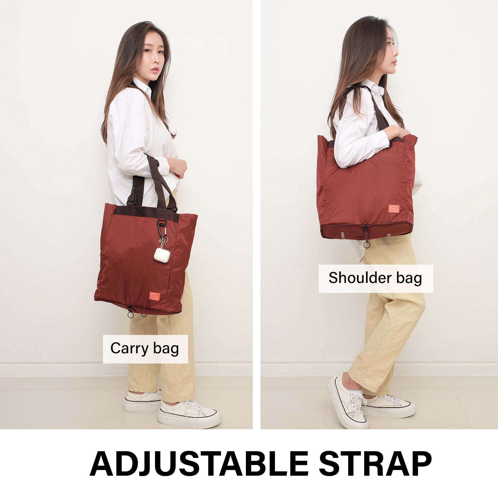 Shopper Bag Tote Bag Foldable Travel Laptop Grocery Nylon KO-SHOULDER WINE - SuperSaverAU - view 4