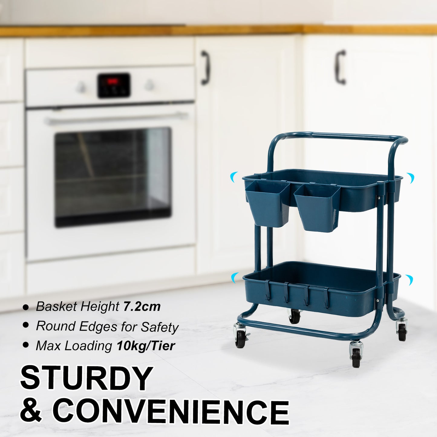Kandoka Rolling Kitchen Utility Cart 2 Tier with Lockable Wheels - Blue