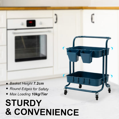 Kandoka Rolling Kitchen Utility Cart 2 Tier with Lockable Wheels - Blue