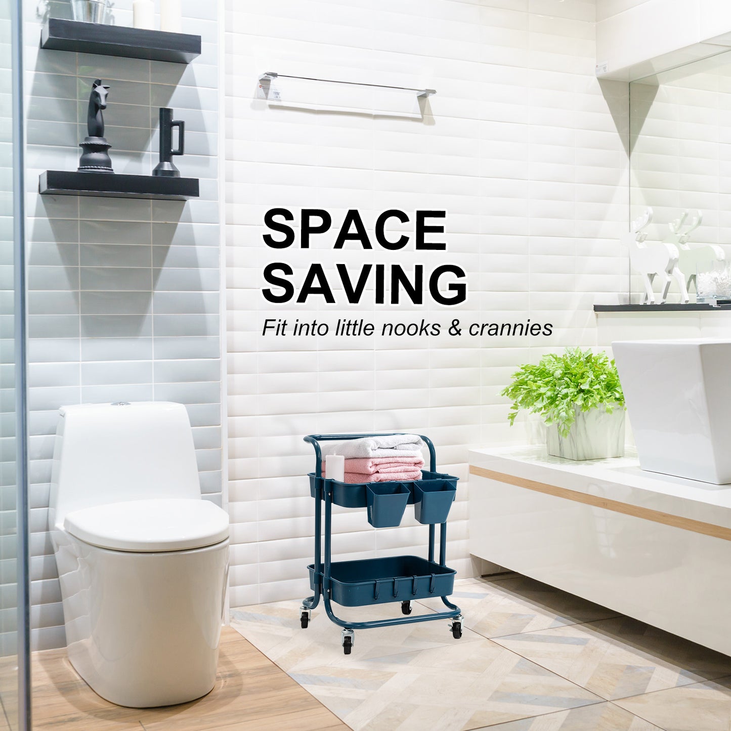 Kandoka Rolling Kitchen Utility Cart 2 Tier with Lockable Wheels - Blue