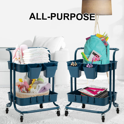 Kandoka Rolling Kitchen Utility Cart 2 Tier with Lockable Wheels - Blue