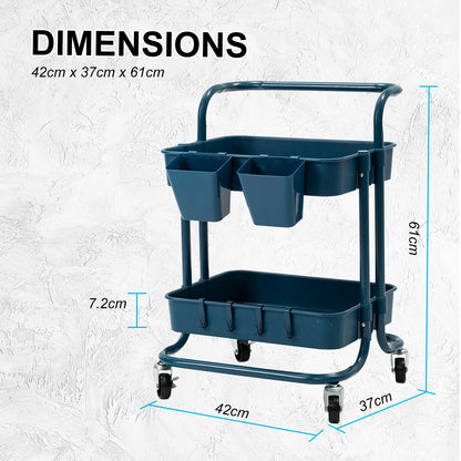 Kandoka Rolling Kitchen Utility Cart 2 Tier with Lockable Wheels - Blue