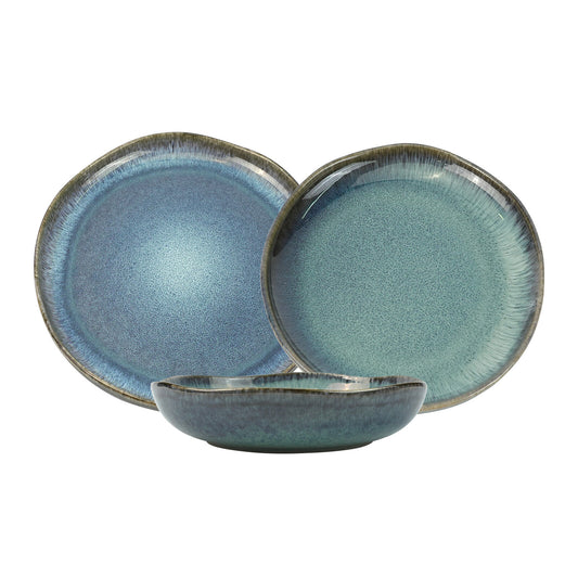 3-Piece Earthy Aqua Reactive Glazed Ceramic Dinner Set - Plate & Bowl
