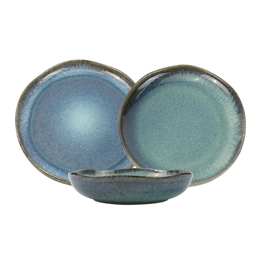 3-Piece Earthy Aqua Reactive Glazed Ceramic Dinner Set - Plate & Bowl - SuperSaverAU - view 1
