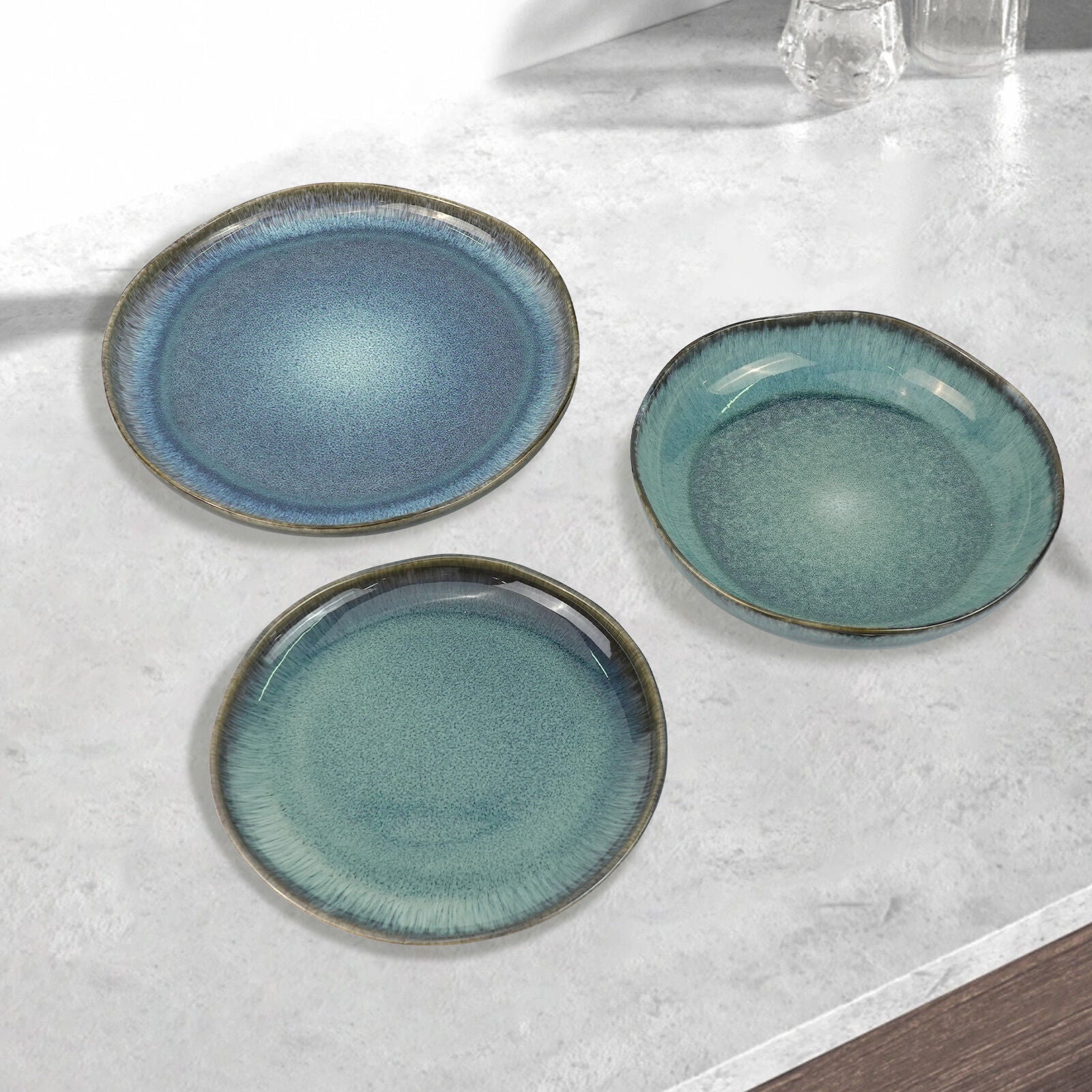 3-Piece Earthy Aqua Reactive Glazed Ceramic Dinner Set - Plate & Bowl - SuperSaverAU - view 2