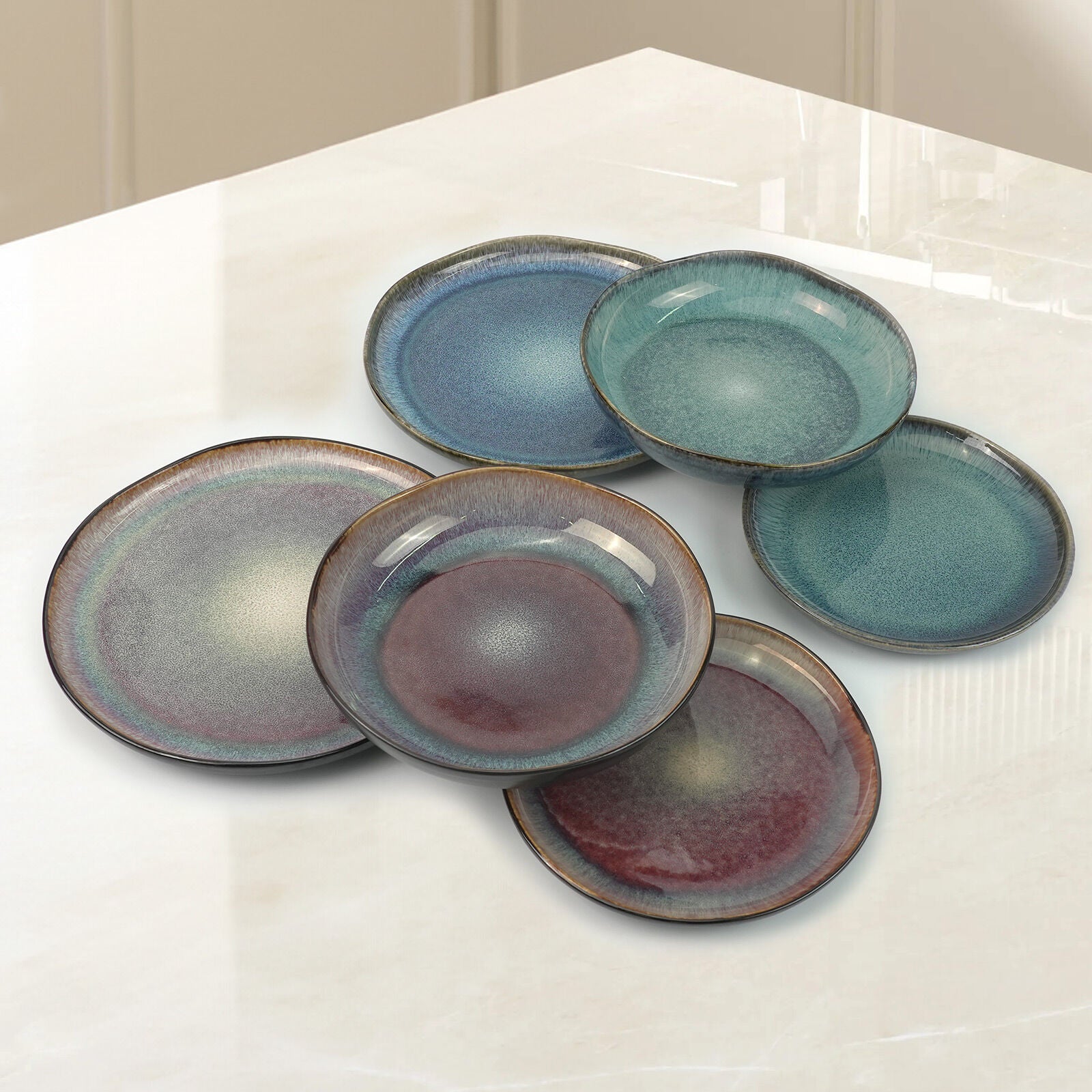 3-Piece Earthy Aqua Reactive Glazed Ceramic Dinner Set - Plate & Bowl - SuperSaverAU - view 9
