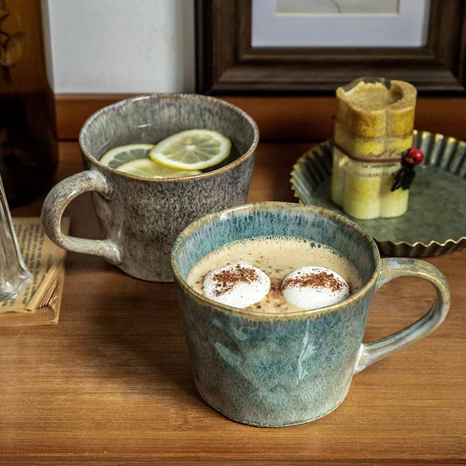 Set of 2 Earthy Grey Blue Reactive Glazed Ceramic Coffee Mugs 350ml - SuperSaverAU - view 2
