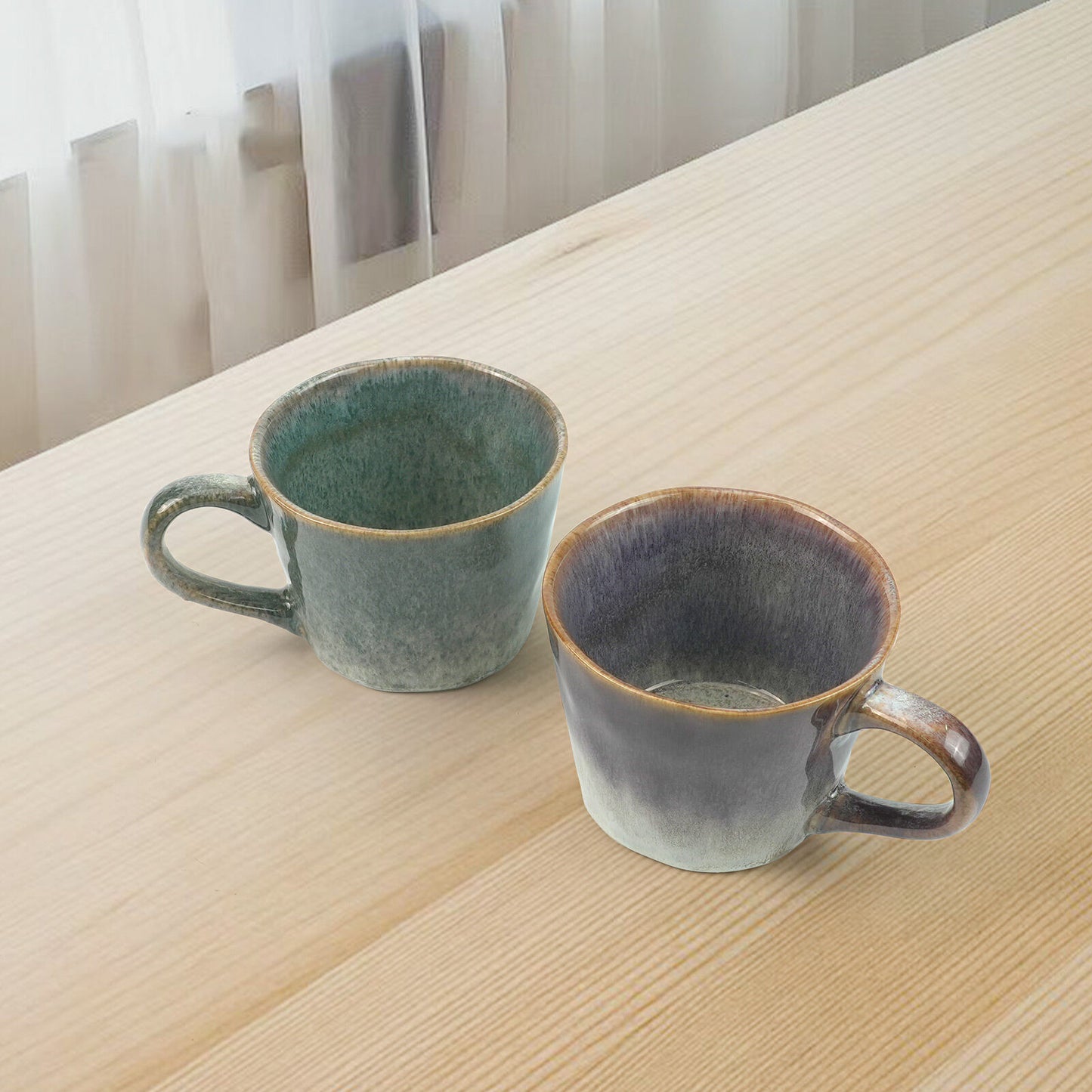 Set of 2 Earthy Grey Blue Reactive Glazed Ceramic Coffee Mugs 350ml