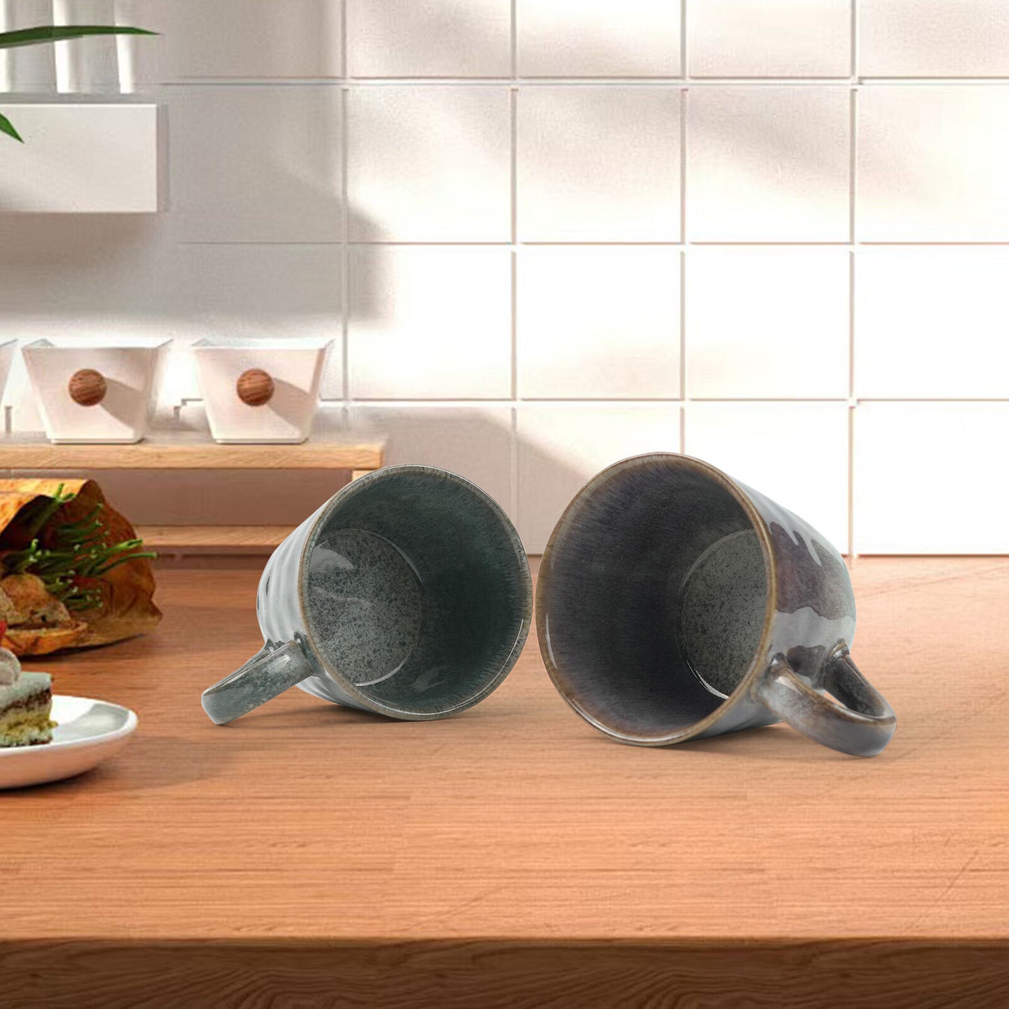 Set of 2 Earthy Grey Blue Reactive Glazed Ceramic Coffee Mugs 350ml