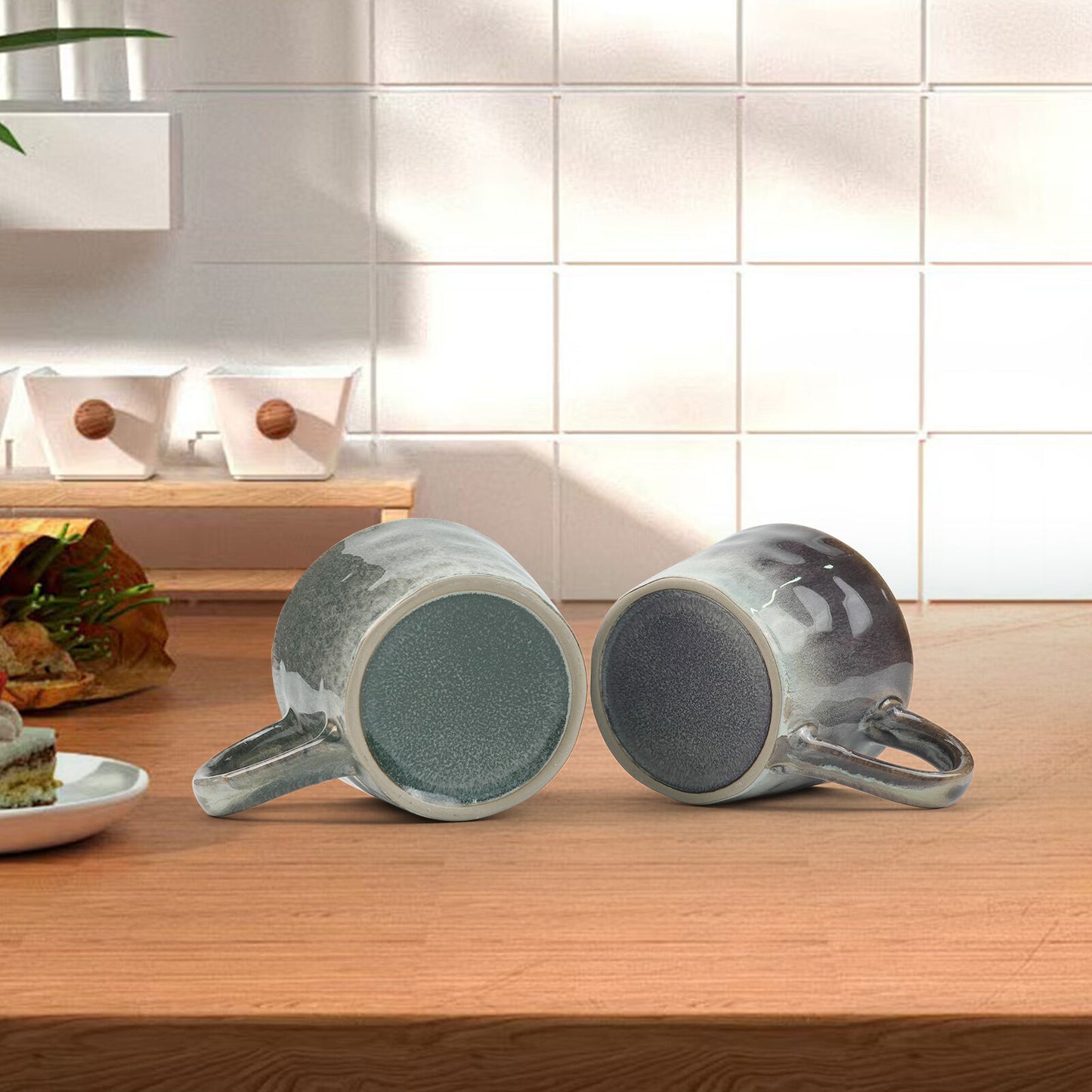 Set of 2 Earthy Grey Blue Reactive Glazed Ceramic Coffee Mugs 350ml