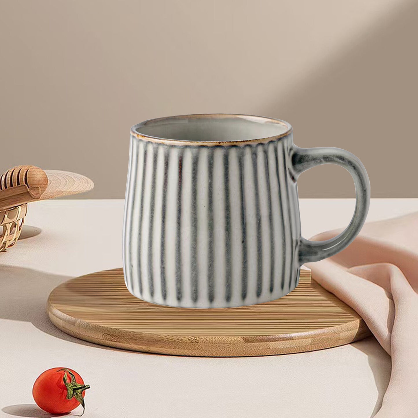 Earthy Grey Ribbed Stripe Ceramic Mug 460ml - Matte Finish