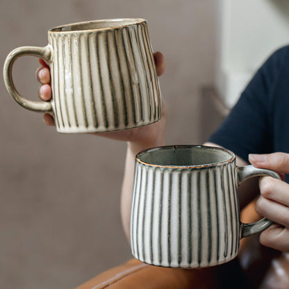 Earthy Grey Ribbed Stripe Ceramic Mug 460ml - Matte Finish