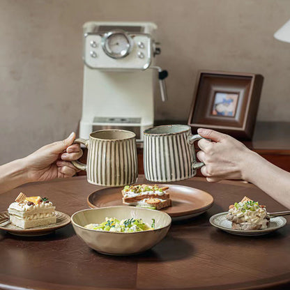 Earthy Grey Ribbed Stripe Ceramic Mug 460ml - Matte Finish