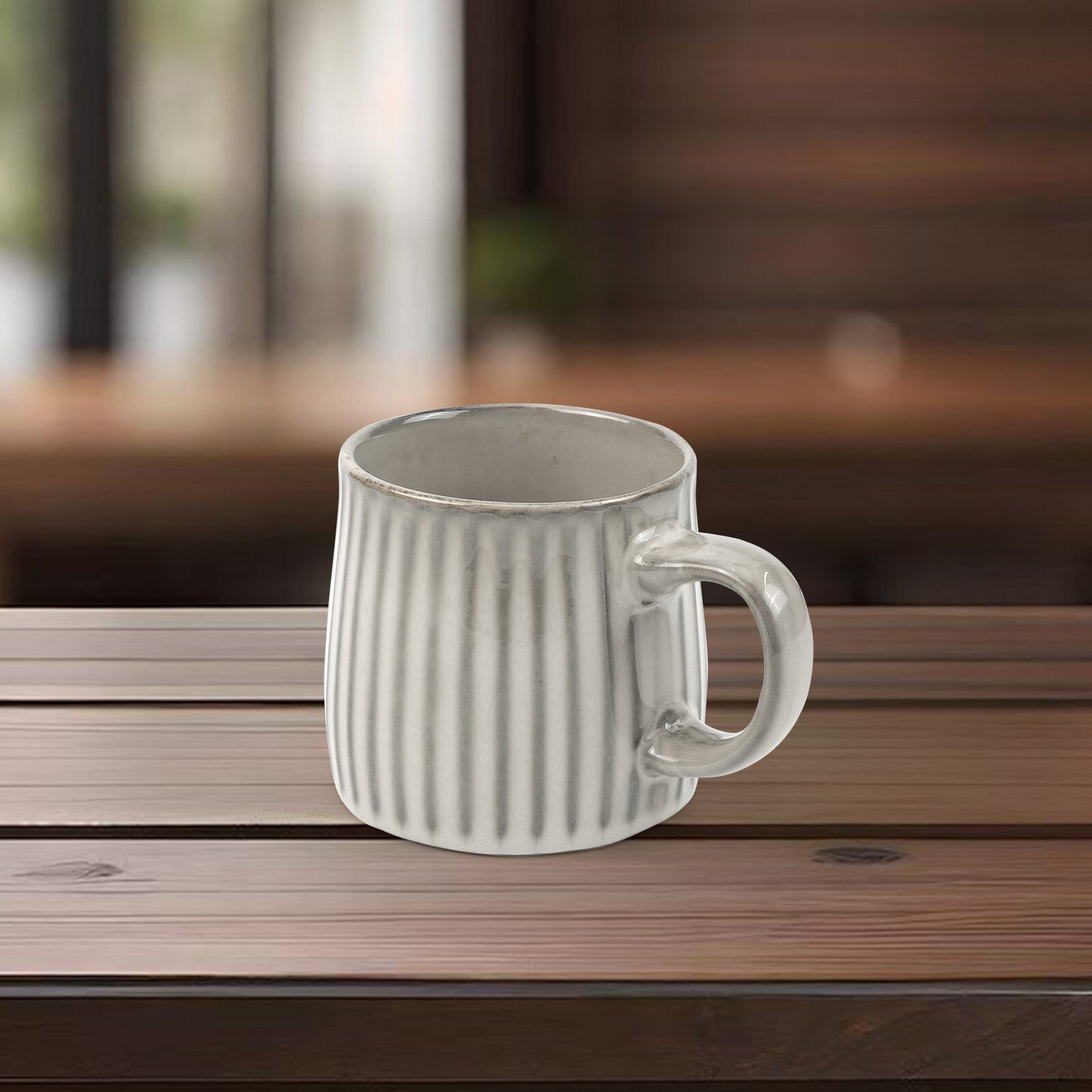 Earthy Grey Ribbed Stripe Ceramic Mug 460ml - Matte Finish
