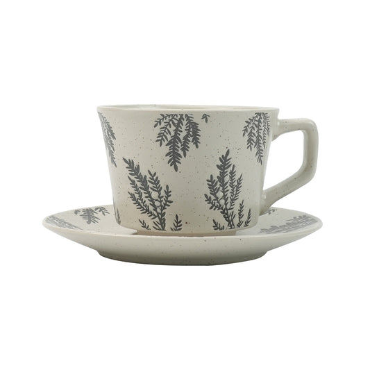 Earthy Grey Ceramic Cup & Saucer Set 380ml with Spoon - Floral Design