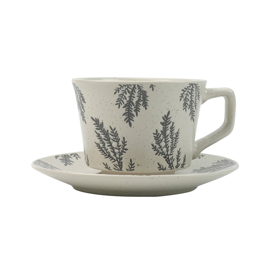 Earthy Grey Ceramic Cup & Saucer Set 380ml with Spoon - Floral Design - SuperSaverAU - view 1